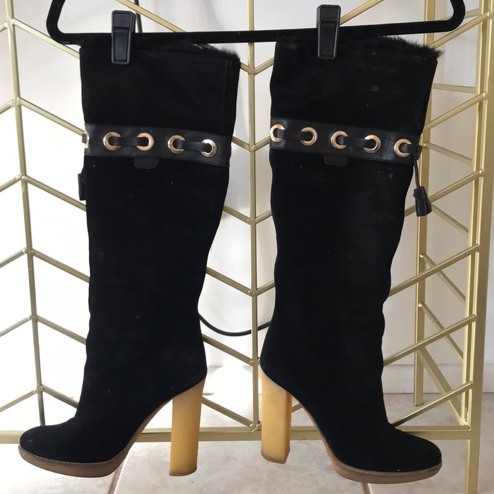 Gucci Black Suede Fur Pull Up Knee Tall Boots